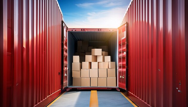 open red shipping container with numerous stacked cardboard boxes inside ready for transport and logistics cargo freight delivery goods storage trade import export warehouse
