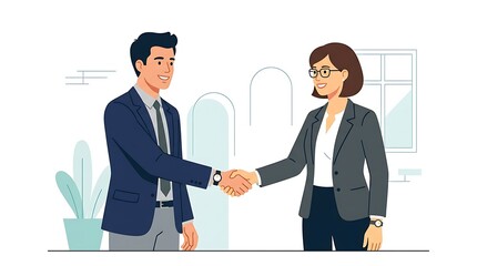 Obraz premium Business man and woman shaking hands in office setting for professional agreement and partnership concept isolated on white background