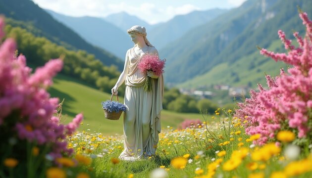 Classical statue of Persephone stands in meadow holding flowers. Woman figure with basket of blooms, spring landscape background. Goddes statue surrounded by colorful wild blooms, green hills.