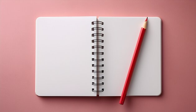 blank white open spiral notebook with red pencil on soft pink background with wide copy space for planning notes wish lists creative layouts and minimal design projects