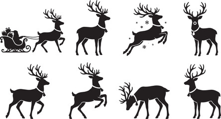 Naklejka premium Black silhouette reindeer, deer icons, Christmas reindeer set, holiday graphics isolated on Transparent Background