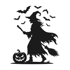 Fototapeta premium Halloween black witch silhouette vector illustration, pumpkin and bats halloween holiday icon set, spooky cartoon character magic symbol for celebration party design