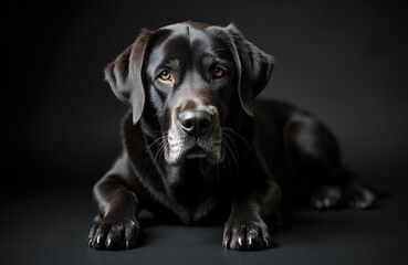 Obraz premium Mature brown labrador retriever rests calmly indoors. Large dog dark colored with intelligent amber eyes looking directly ahead. Muzzle shows grey hairs. Paws resting on dark surface.