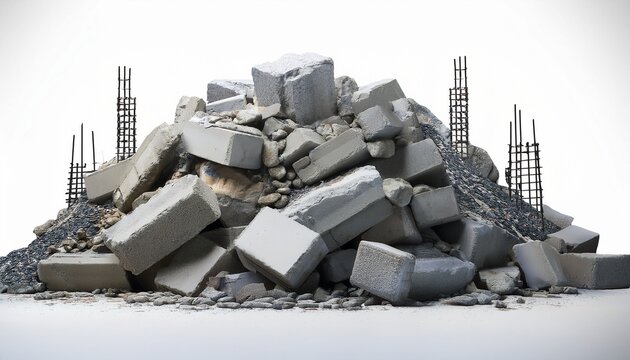 pile of concrete debris with exposed rebar and cinder blocks rubble construction white background