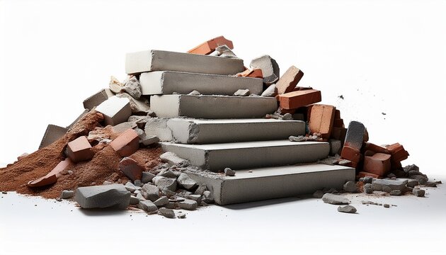 debris pile with broken concrete steps and scattered bricks isolate rubble