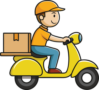 Cartoon Delivery Rider on Yellow Scooter with Parcel Box Flat Vector Illustration for Food Delivery, E-Commerce Shipping, Express Courier and Last Mile Logistics