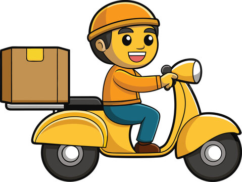 Delivery Man Riding Yellow Scooter Delivering Package to Customer Cartoon Vector Illustration Isolated on White Background for Fast Courier and Logistics Services