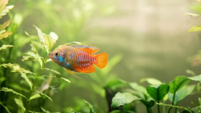 orange dwarf gourami in southeast asian freshwater aquarium plants underwater close up video