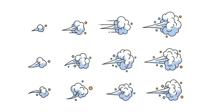 Cartoon wind and dust smoke effects sprite sheet for fast video game animation isolated on white background.