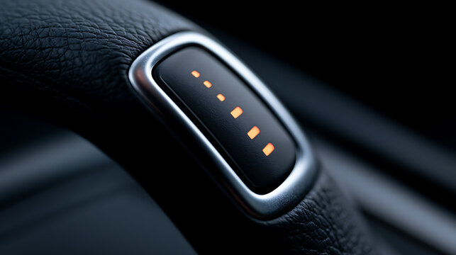 Modern Vehicle Interior Detail: Close-up View of Illuminated Controls on a Gear Selector or Drive Mode Dial, Focusing on Technology and Design