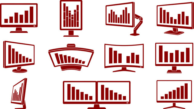 Financial Data Bar Chart Computer Monitor Icon Set for Business Analytics, Stock Market Trading & Corporate Performance Presentations (EPS)
