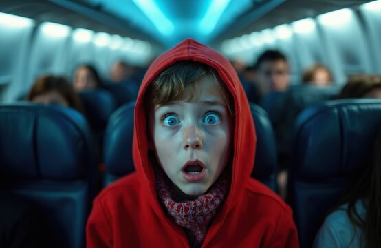 Child with wide eyes in red hoodie on airplane. Looks scared. Other passengers blurred in seats. Fear of flying concept. Overcoming anxiety.