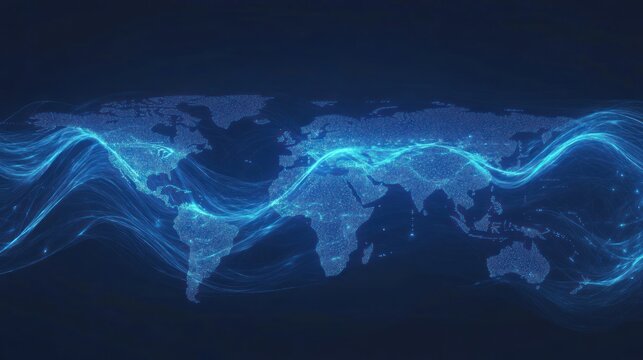 Global network connection, data flow, world map background, website header