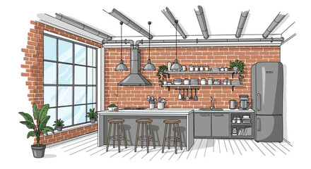 Modern industrial loft style kitchen interior sketch with red brick wall, kitchen island, bar stools, and grey cabinets. © Fahima