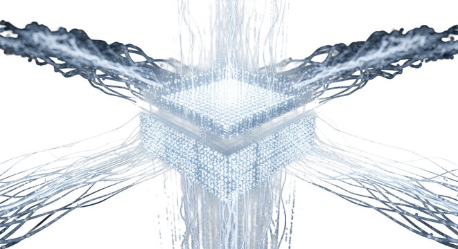 extreme close-up of a hyper-futuristic glowing white and electric blue abstract quantum chip architecture in a black void. concept of deep machine intelligence