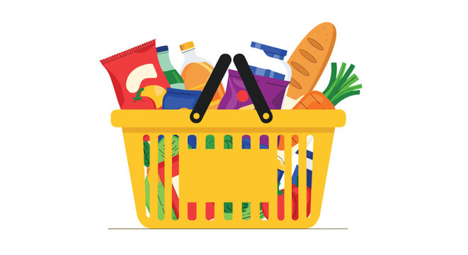 Yellow plastic shopping basket overflowing with healthy grocery food and drinks isolated on a white background.