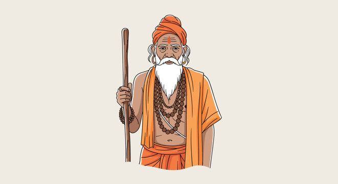 Indian sadhu or holy man with a long white beard and orange robes holding a wooden staff in a traditional portrait.
