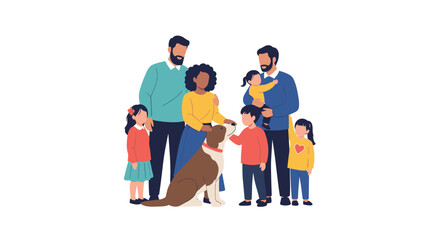 Fototapeta premium Multi-generational diverse family with children stands together happily with their large brown and white pet dog.