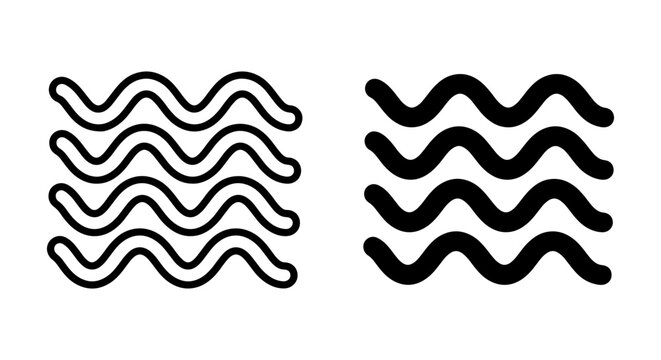 Set of two wave icons, outline and filled, representing water, liquid, and fluid motion. Simple, clean vector graphics for design.