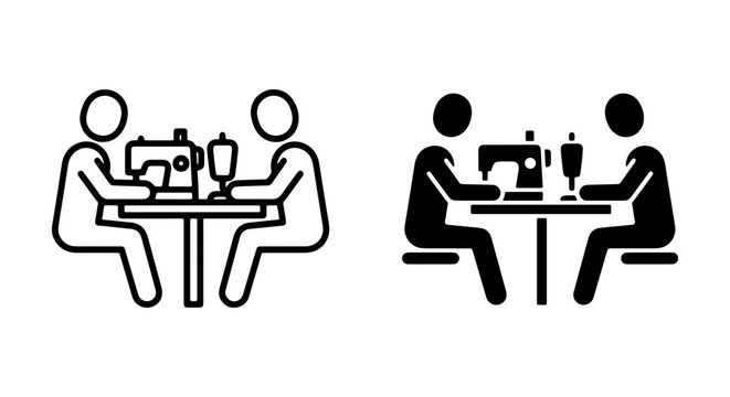 Two people sewing icons, outline and solid fill, representing teamwork and craft