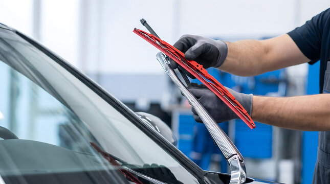 Technician wearing gloves replacing red windshield wiper on a car in workshop