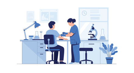 Fototapeta premium Female medical assistant drawing blood from a male patient seated in a laboratory with research equipment.