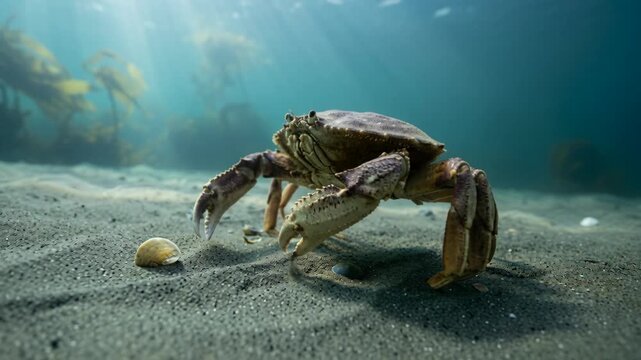 dungeness crab in its natural habitat on the pacific coast underwater close up at morning light video