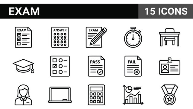 Collection of Exam and Education Icons Featuring Test Papers and Academic Symbols in Linear Style