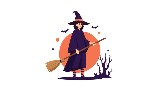 Cute Halloween witch character holding a broom stick in front of a giant orange moon with bats flying.