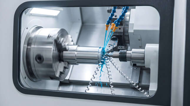 CNC lathe machining metal part with coolant spray during precision turning operation