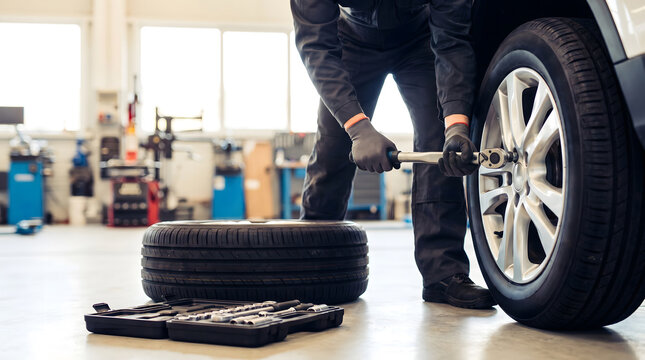 Auto mechanic replacing car tire in workshop using torque wrench and tools