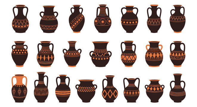 Beautiful collection of historic Greek vases and amphorae with traditional patterns on a clean white background.