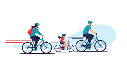 Fototapeta premium Active family with parents and young daughter riding bicycles fast in the park in minimalist flat vector illustration.