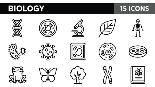 Collection of biology science icons featuring dna microscope and cell structures in linear style