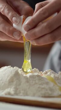 Chef's hands knead dough for baking in cozy kitchen, cracking fresh egg into bowl of flour, mixing ingredients for home-style bake. Soft window light illuminates the countertop, showing the setting