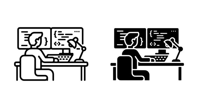 Programmer at Dual Monitors, Coding Icon Set, Software Developer Workspace, Technology Concept