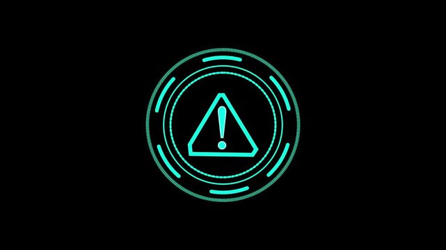 Bulu Exclamation Mark Warning Symbol within Futuristic Digital Circle on animated Black Background 4K video animation.