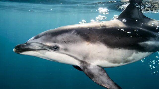 dusky dolphin in patagonian waters swimming underwater close up at morning light video