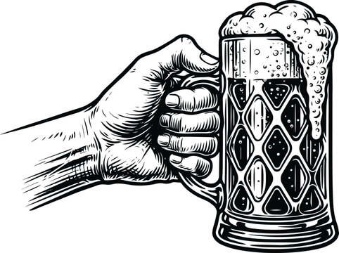 Vintage engraving of a hand gripping a full beer stein with frothy head isolated on transparent background