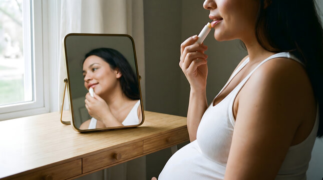 Pregnant woman applying lipstick while looking into a mirror in a cozy home setting