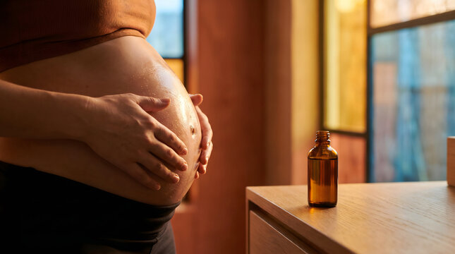Pregnant woman gently caressing her rounded belly beside an amber essential oil bottle