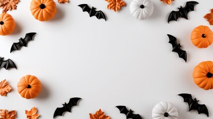 Obraz premium Halloween pumpkins and bats arranged on a white background with autumn leaves