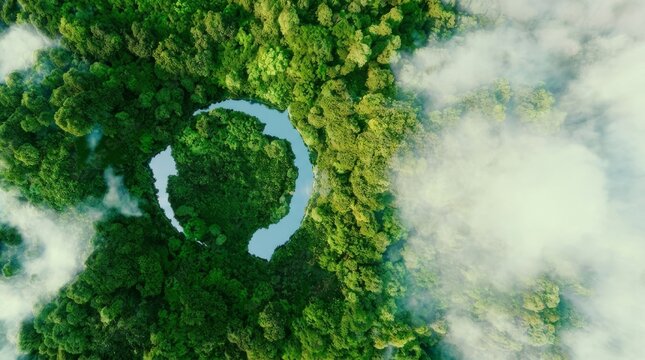 Top down aerial view of a dense green forest shaped into a recycle symbol amidst morning mist representing environmental conservation and sustainability.