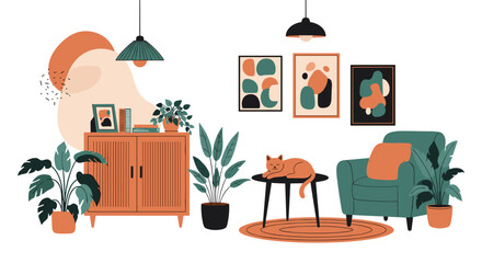 Fototapeta premium Cozy modern living room interior styled with houseplants, framed abstract paintings, green armchair, and a sleeping cat.