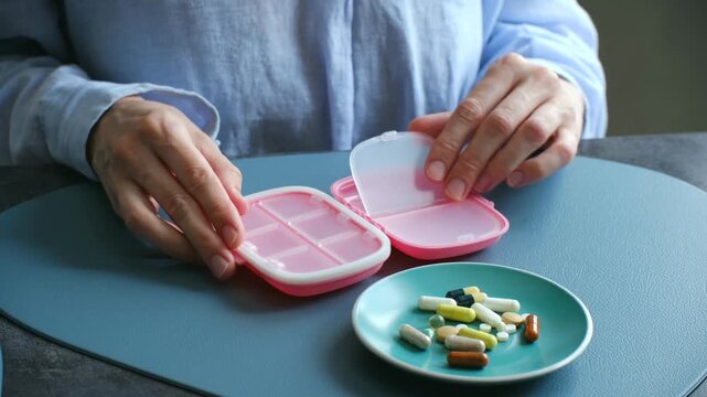 Woman sorting variety colorful pills, supplements from small plate in pink weekly pill organizer, managing daily medication regimen, health, wellness. Woman sorting daily pills in pill box organizer