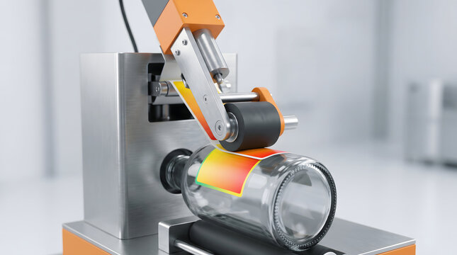 Automatic labeling machine applying colorful label onto transparent glass bottle in industrial setting
