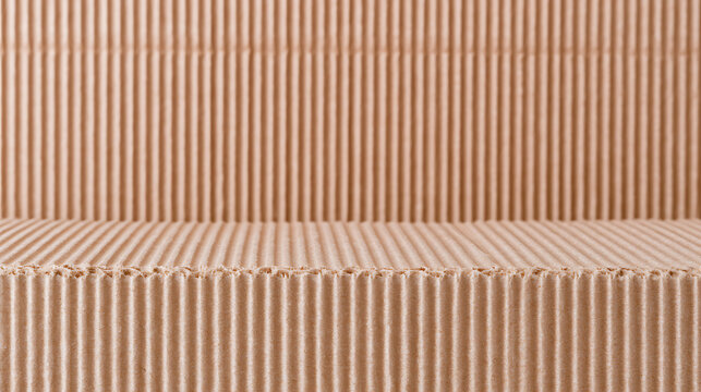 A close-up view of textured brown corrugated cardboard, showcasing its distinct parallel ridges and natural tone, ideal for background design