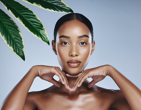 Portrait of a Woman with Radiant Skin Posing with Natural Green Tropical Leaves