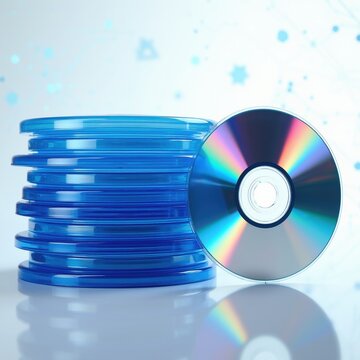 Stack of blue DVD Blu-ray cases and one shiny optical disc. Digital data storage backup media entertainment software packaging home video library concept.