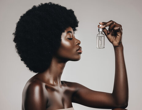 Beautiful Black Woman with Afro Hair Holding a Glass Face Serum Bottle